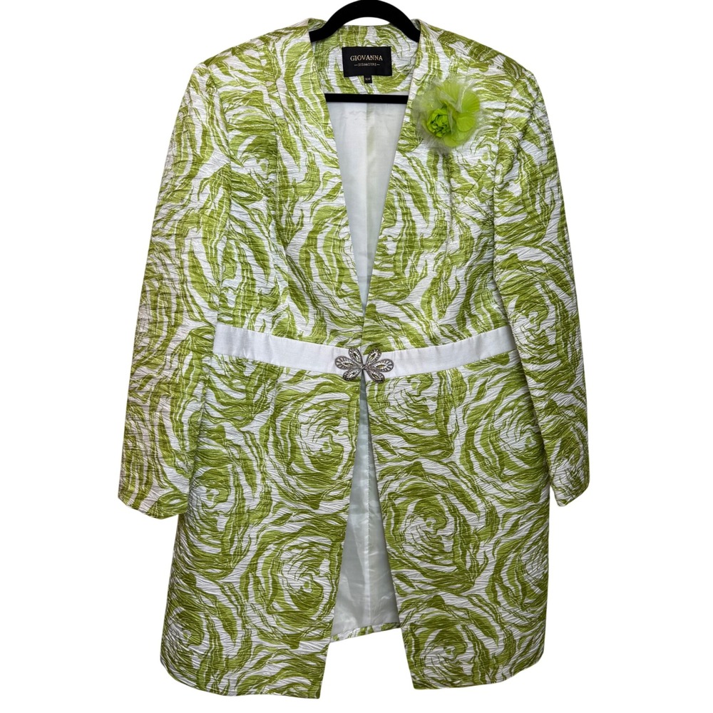 Giovanna Signature 16W Green Floral Jacquard Coat Dress Duster Rhinestone Clasp